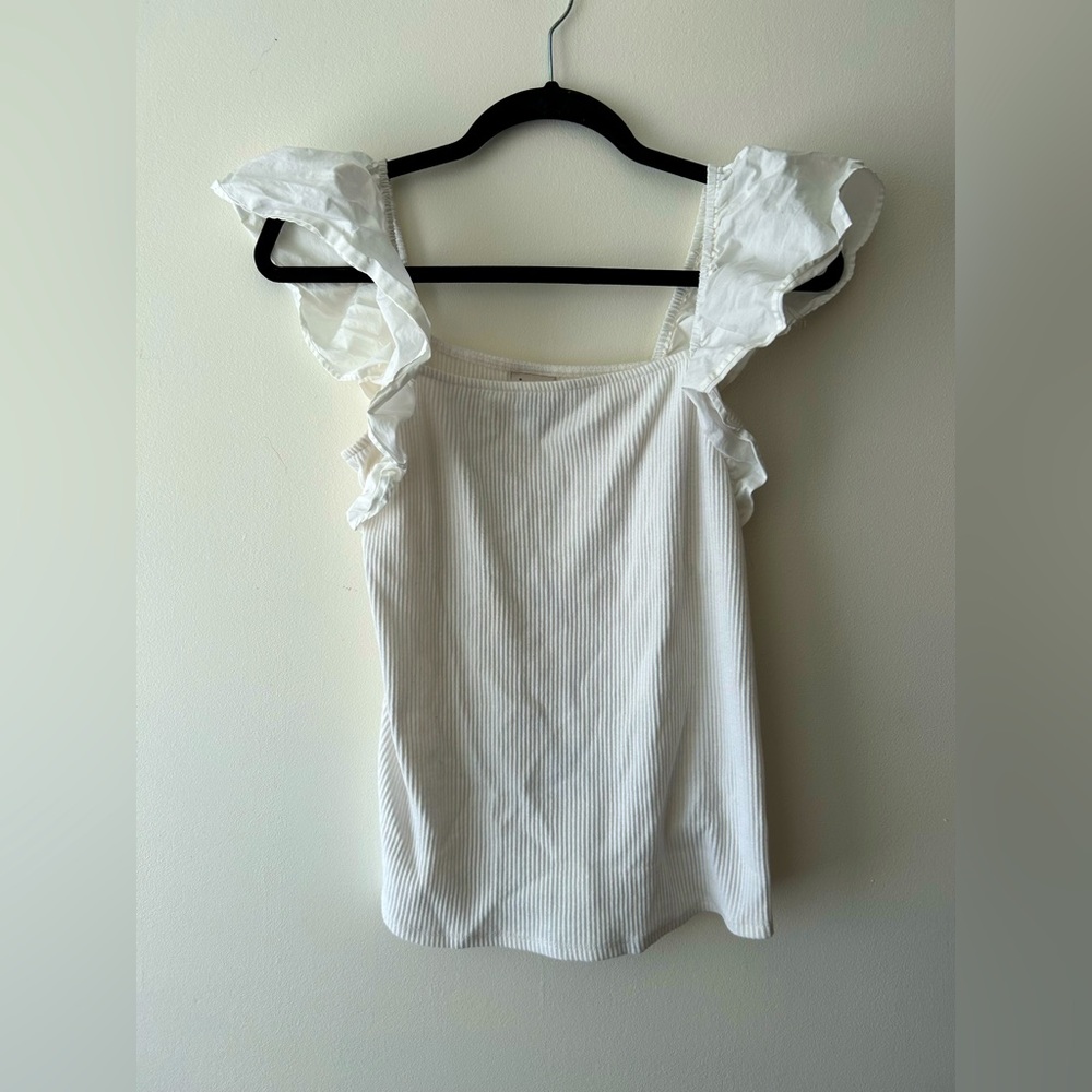 A New Day, ruffle sleeve ribbed tank in White